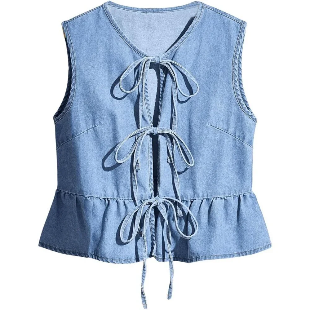 Women's Denim Vest Light Wash Sleeveless Peplum V Neck Ruffle Hem Top